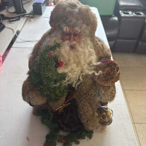 Vintage Fur-Trimmed Santa Claus Christmas Figure with Lantern & Tree